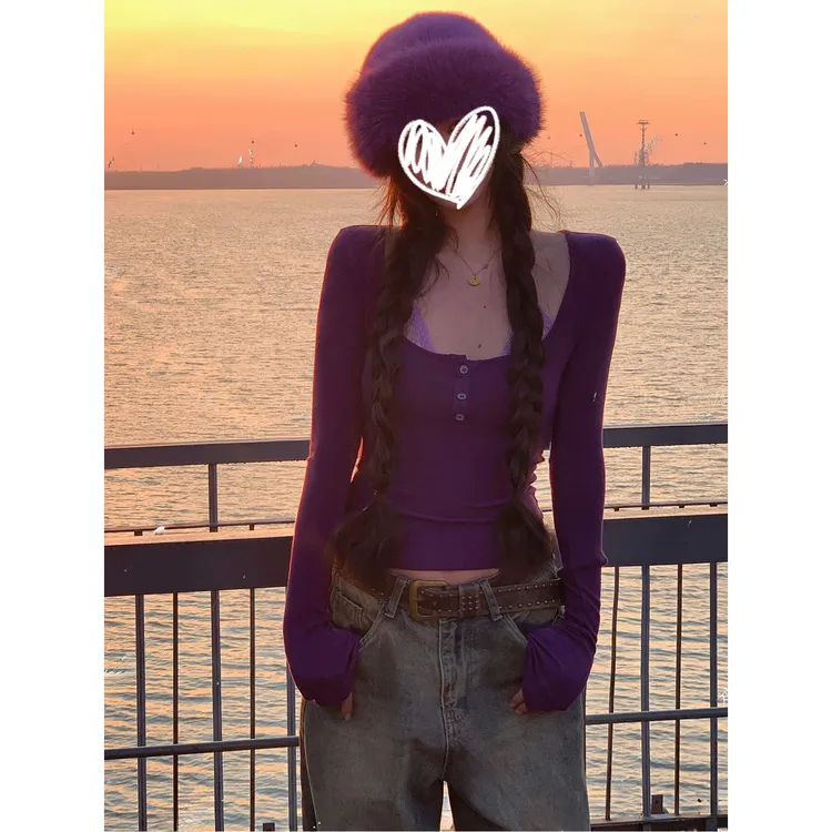 梦优莱/美式高街挂脖拼接蕾丝内搭加绒加厚长袖T恤女装秋冬打底衫