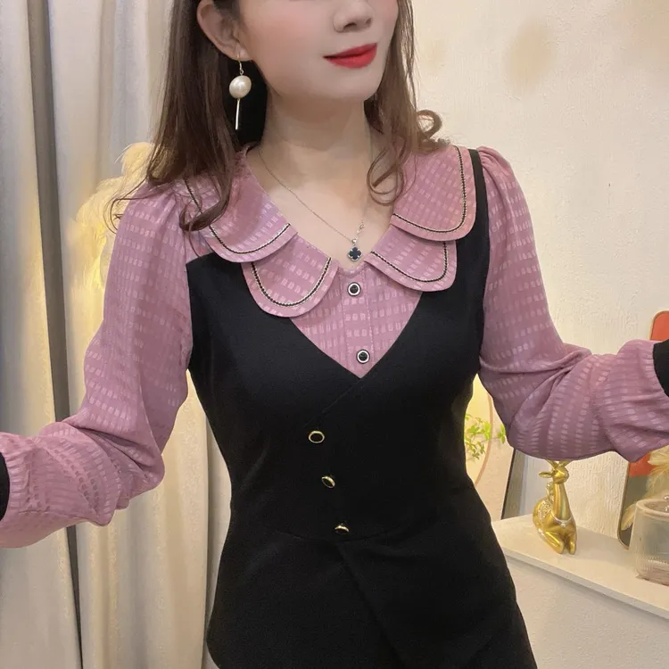 2025女装秋季长袖洋气娃娃领减龄修身气质收腰显瘦微喇裤套装9923