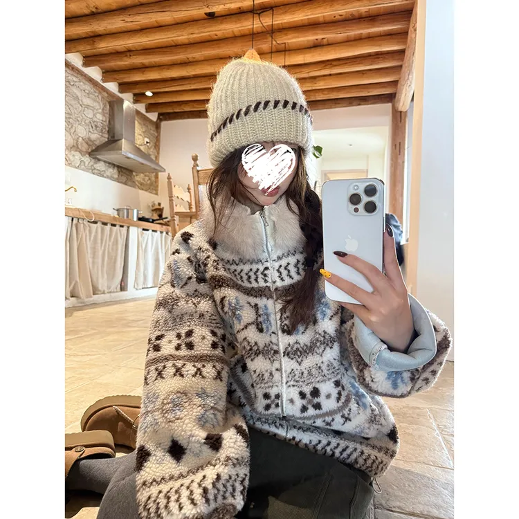 【椰子专属】2025新款费尔岛毛领外套女秋冬加厚保暖洋气开衫外套 61056