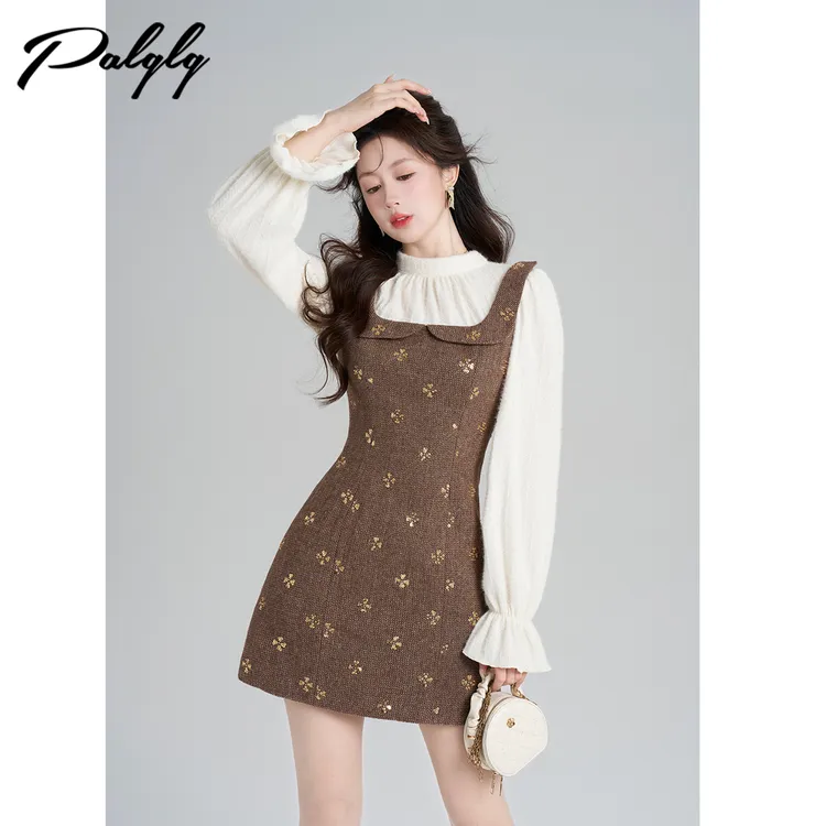 小香风拼接假两件卡其色亮片连衣裙冬季法式短裙54PDA44880