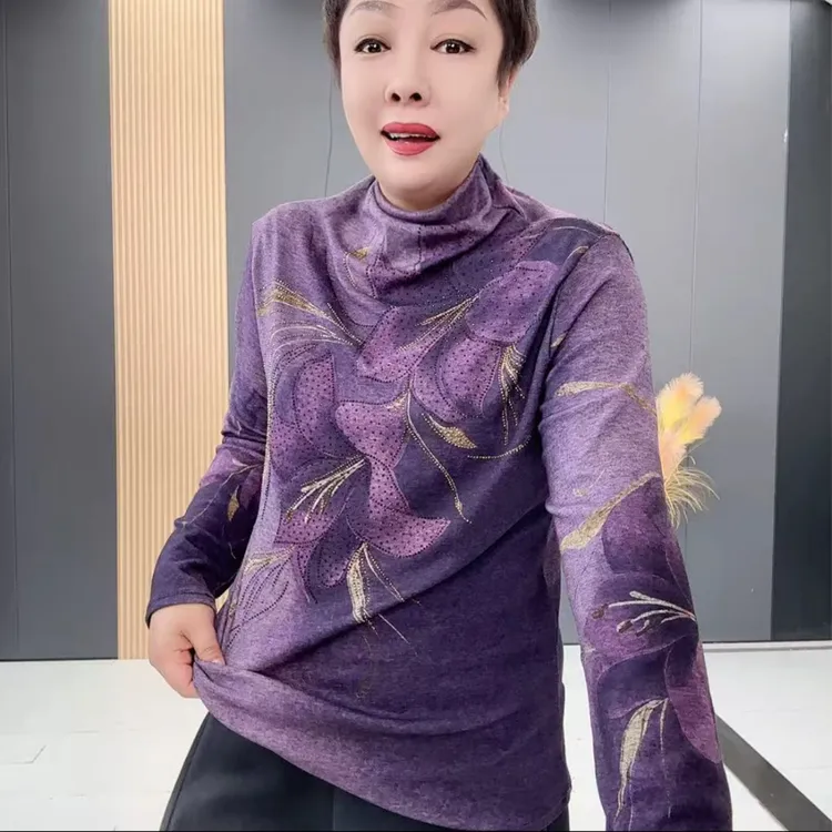 套头款冬季烫钻保暖半高领打底衫印花加厚时尚上衣-2879
