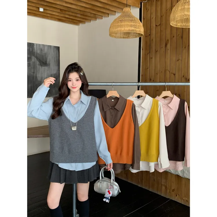 03122 2025年大码女装新款秋冬针织马甲长袖衬衫两件套3809/3816