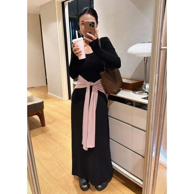 SP【小肚隐身术】辣妹风纯欲两件套显瘦弹力连衣裙百搭长款裙配披肩