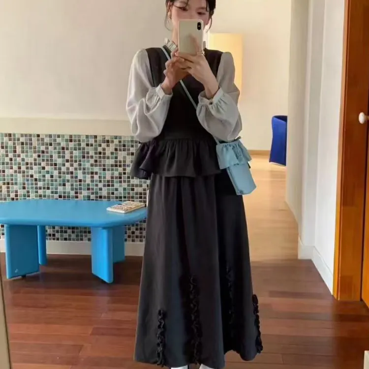 大码韩系通勤气质假两件上衣女半身裙两件套