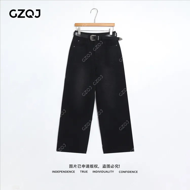 老琴私服【暗夜星尘】加绒重磅烫钻高腰显瘦宽松直筒牛仔裤女冬560