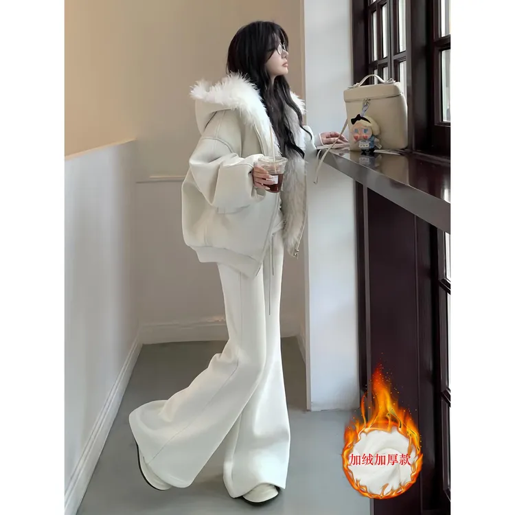 慵懒风网红时尚套装2025新款女秋冬爆款加绒加厚卫衣阔腿裤两件套