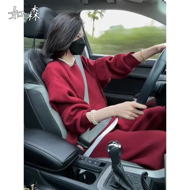 高级感红色运动套装女秋冬新款美式慵懒风加绒加厚休闲卫衣两件套