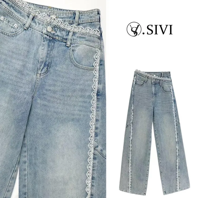 熙薇【万象更新】春季新款时尚休闲直筒蕾丝拼接牛仔裤H1139