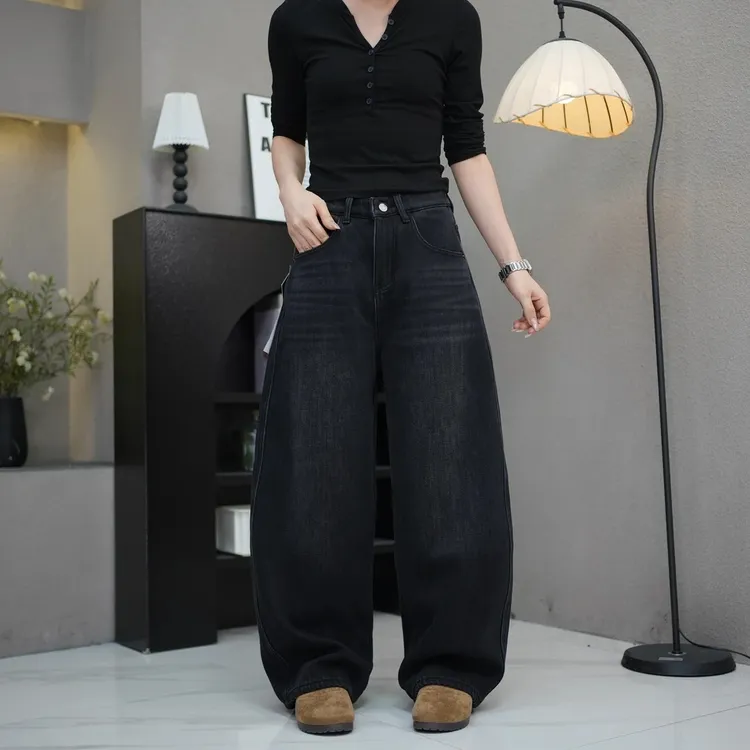 秋冬植绒阔腿裤弯刀裤拖地裤高腰显瘦8602百搭牛仔裤宽松女大码