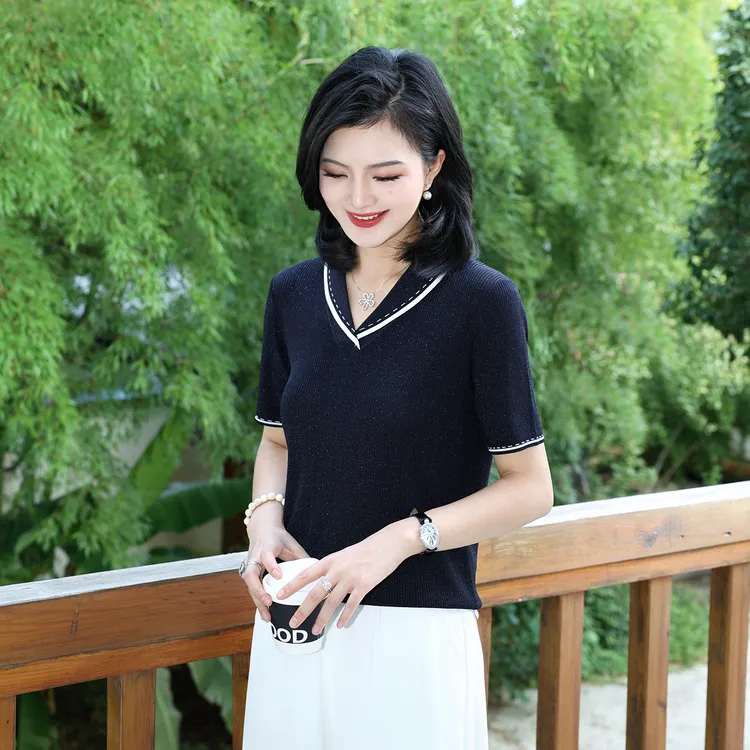 枫竺女装阿楠anan青果领撞色提花亮丝轻薄百搭针织衫女夏季上衣