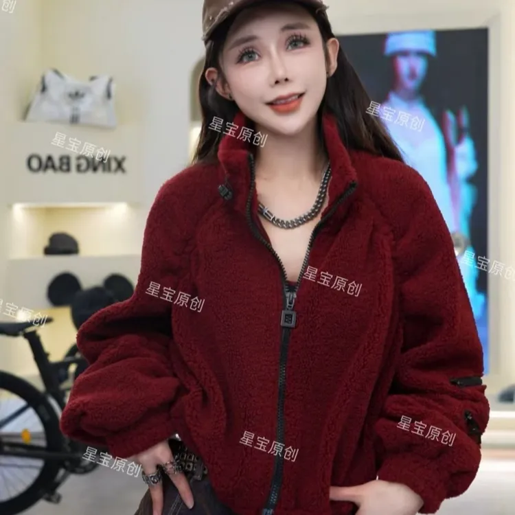 欧货时尚设计感毛毛短外套冬季保暖女士休闲高端加绒加厚