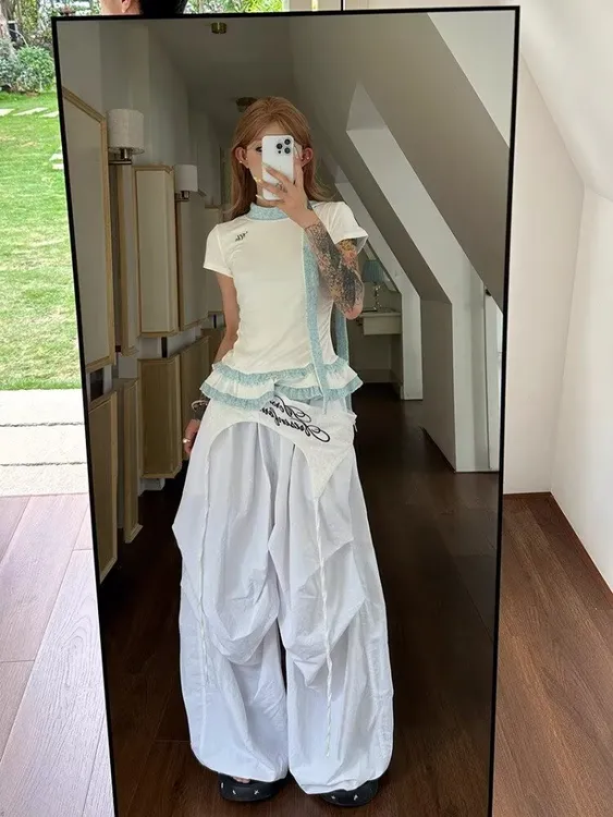 舞蹈必备叠穿设计绑带伞兵裤男女宽松休闲褶皱阔腿裤白色工装裤潮