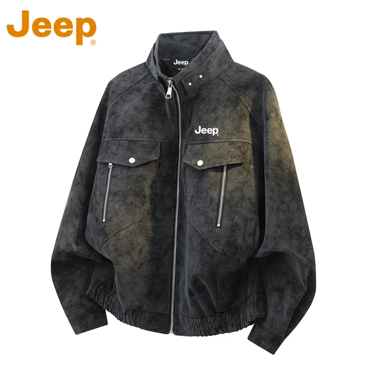 JEEP吉普黑色立领美式工装皮夹克男士秋冬季宽松休闲风pu皮衣外套