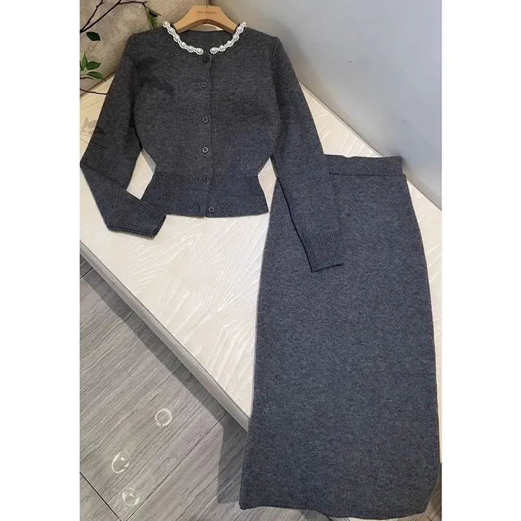 【两件套】小香风韩剧穿搭针织慵懒风高级感针织开衫+半身裙套装