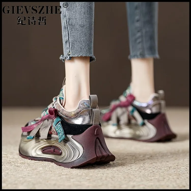 纪诗哲女鞋春秋复古彩色运动鞋女水钻做旧老爹鞋新款女鞋厚底松糕