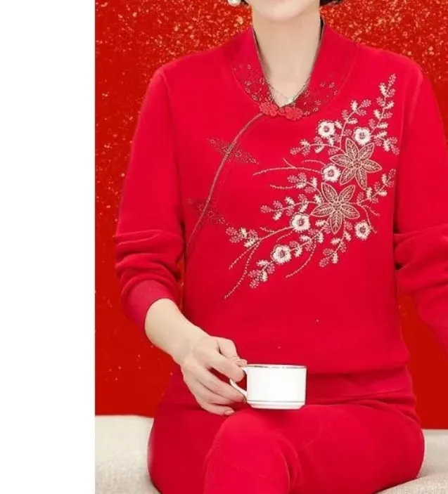 003加绒加厚旗袍领宽松中老年女装中老年加绒红色金丝