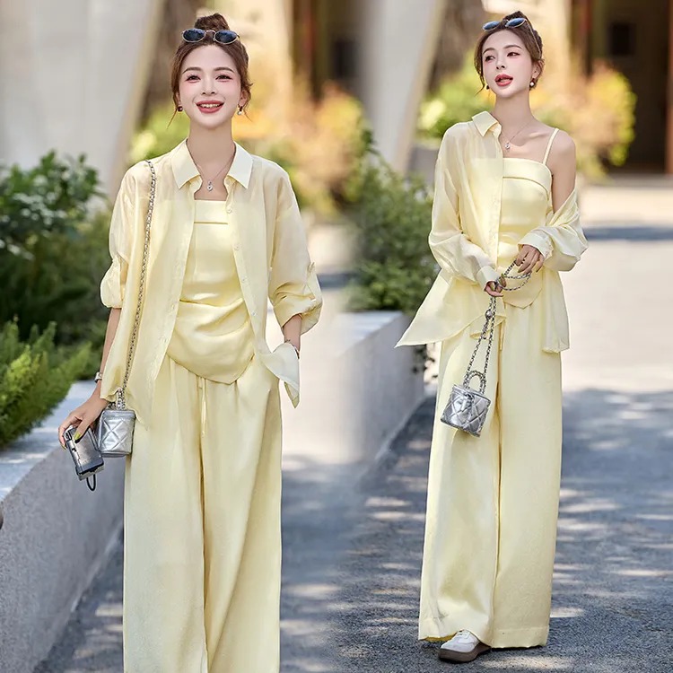 休闲套装女装夏装夏天衣服防晒衬衫吊带小背心长裤三件套时尚套装