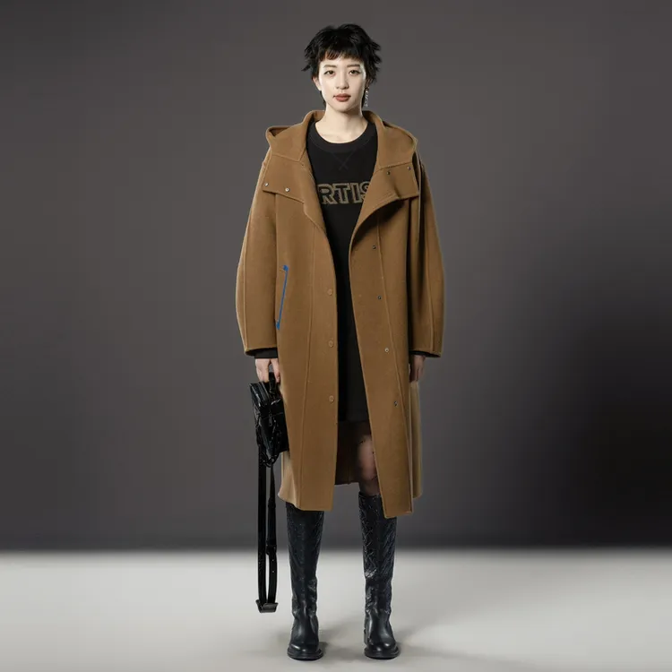 U/TI 纯色系全进口超细澳毛设计感慵懒风运动感连帽双面尼大衣