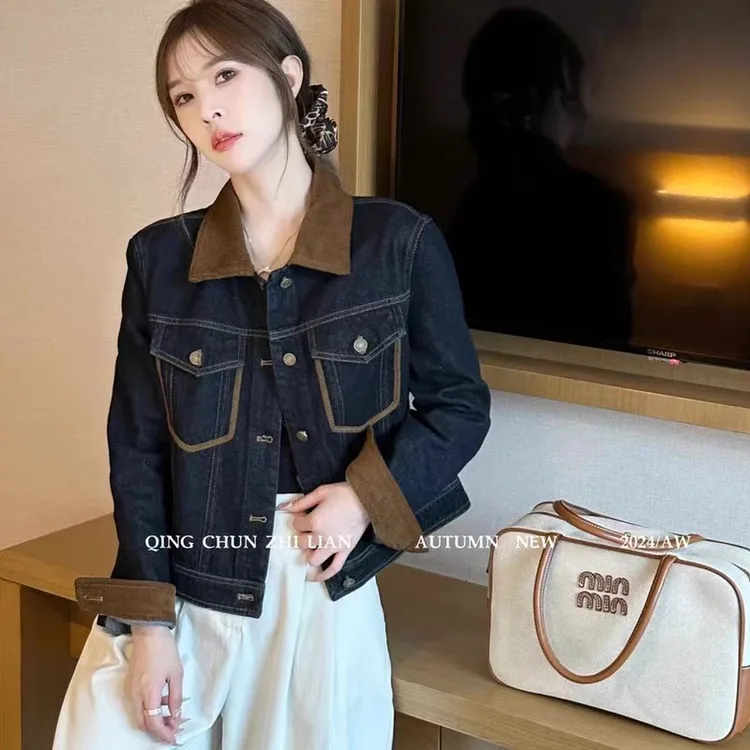 美式复古风灯芯绒拼接牛仔外套女秋季新款撞色翻领百搭上衣