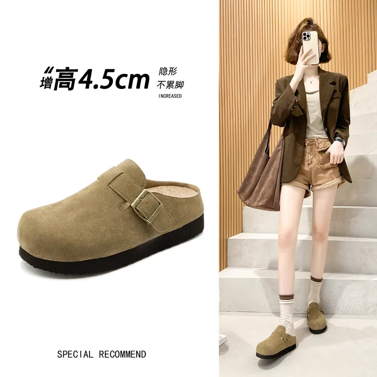 厚底勃肯鞋女2025秋季新款真皮复古一脚蹬懒人鞋外穿包头半拖鞋