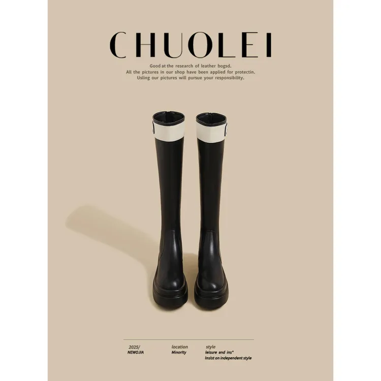 【C·K专柜正品】2025秋冬季新款厚底后拉炼长筒裤管靴女黑色加绒不