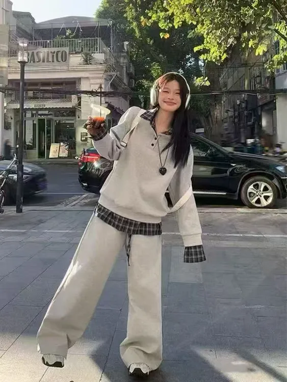 2025秋季新款大码女装休闲百搭格子拼接长袖上衣裤子两件套