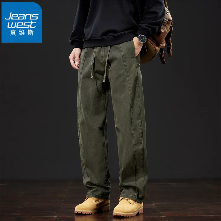 Jeanswest/真维斯春秋重磅宽松美式弯刀直筒混色搭简约休闲裤