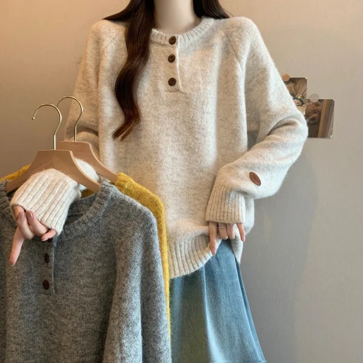 大码圆领打底针织衫女冬季新款微胖妹妹时尚百搭宽松显瘦毛衣洋气