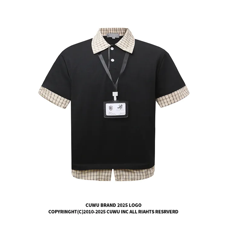 cuwu美式复古假两件格纹拼接Polo衫短袖女男夏季miu系情侣宽松T恤