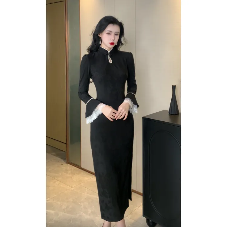 【苏念】玉簪记秋冬新款旗袍长袖加绒日常显瘦国风少女衣长125cm