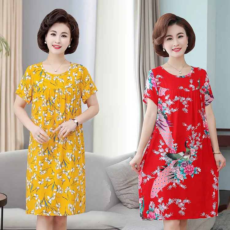 夏季妈妈短袖棉绸睡裙女士薄款夏天睡衣中长款裙子休闲宽松居家裙