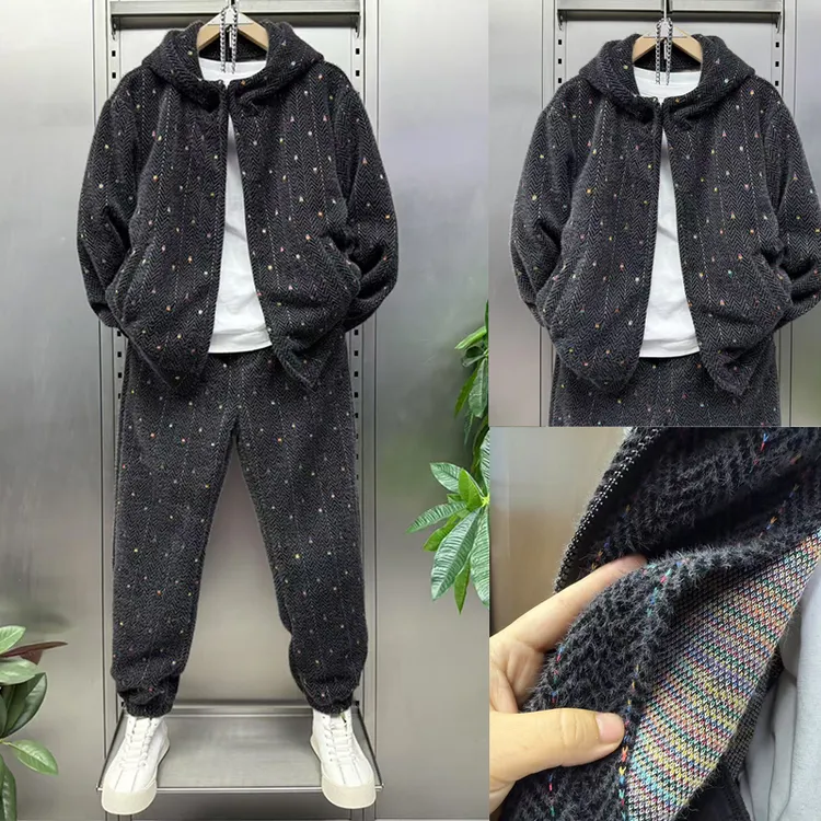 冬季男女同款套装加厚保暖连帽外套休闲运动雪尼尔哈伦裤两件套潮