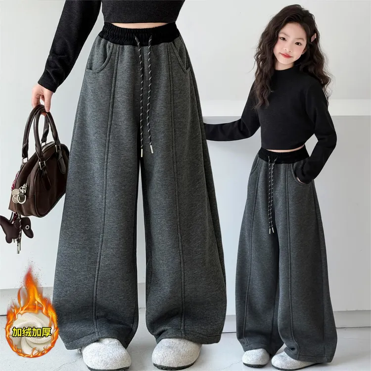 女童加绒卫裤冬装新款女中大童一体绒休闲裤加厚保暖裤子宽松童裤