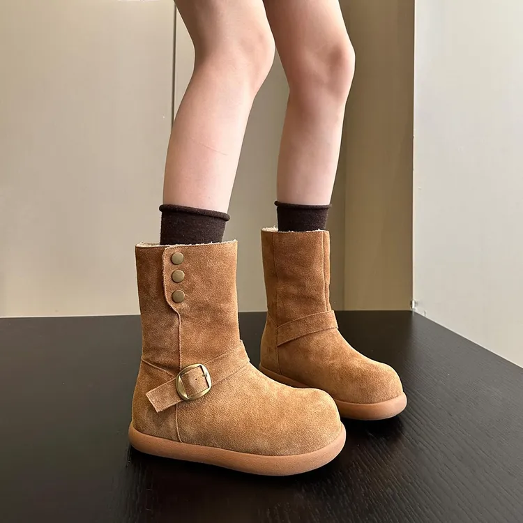 暖暖的幸福日系甜酷大头牛皮加绒厚底雪地靴女东北大棉鞋棉靴子