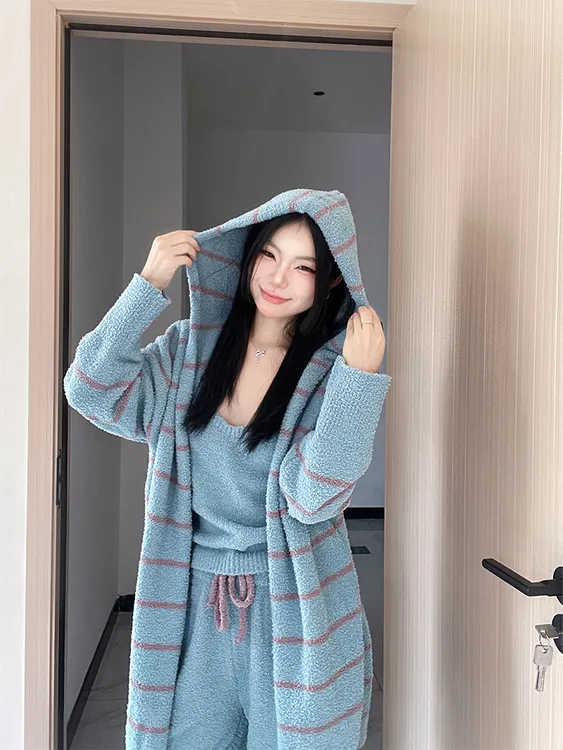韩版连帽半边绒睡衣女三件套冬季新款长袖加绒加厚保暖家居服套装