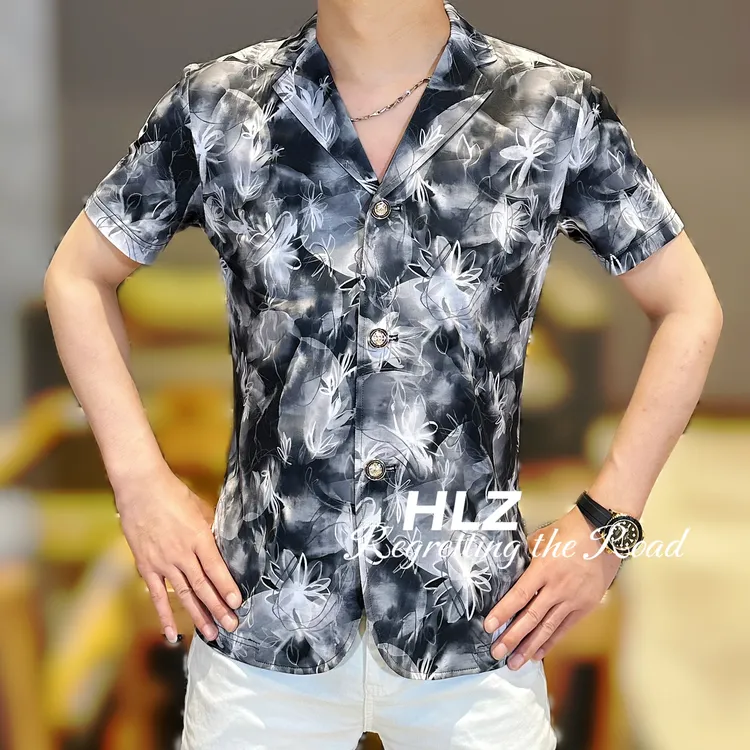 2025夏季新款修身男士休闲高品质个性花朵印花冰丝西服短袖衬衫