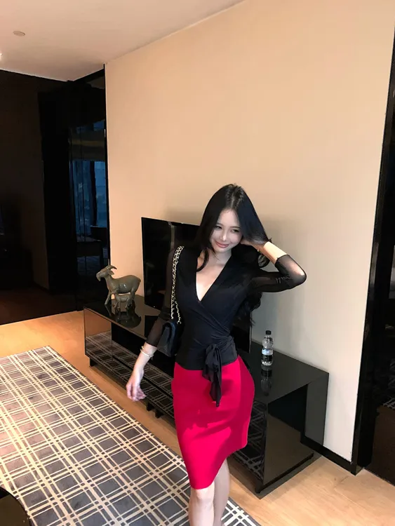 双层深v系带网纱显瘦上衣+包臀半裙