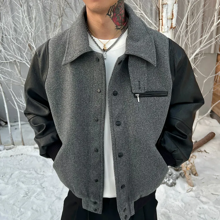 OXFREAK「AB料拼接」PU皮拼接毛呢棒球服外套男冬季加厚保暖外套