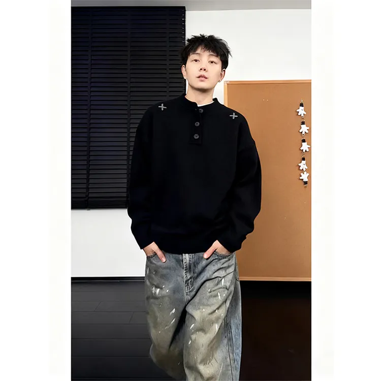 慵懒风亨利领黑色毛衣男款秋冬季高级感针织衫美式cleanfit毛线衣