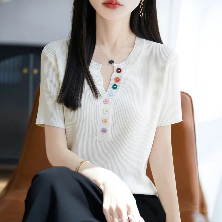 品牌2025新款时尚气质V领短袖针织衫女士夏季显瘦百搭上衣