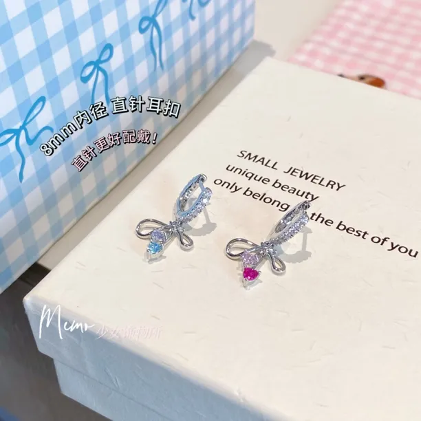 铜合金锆石耳饰 E486 丝带蝴蝶结 满钻爱心蝴蝶结直针耳扣 