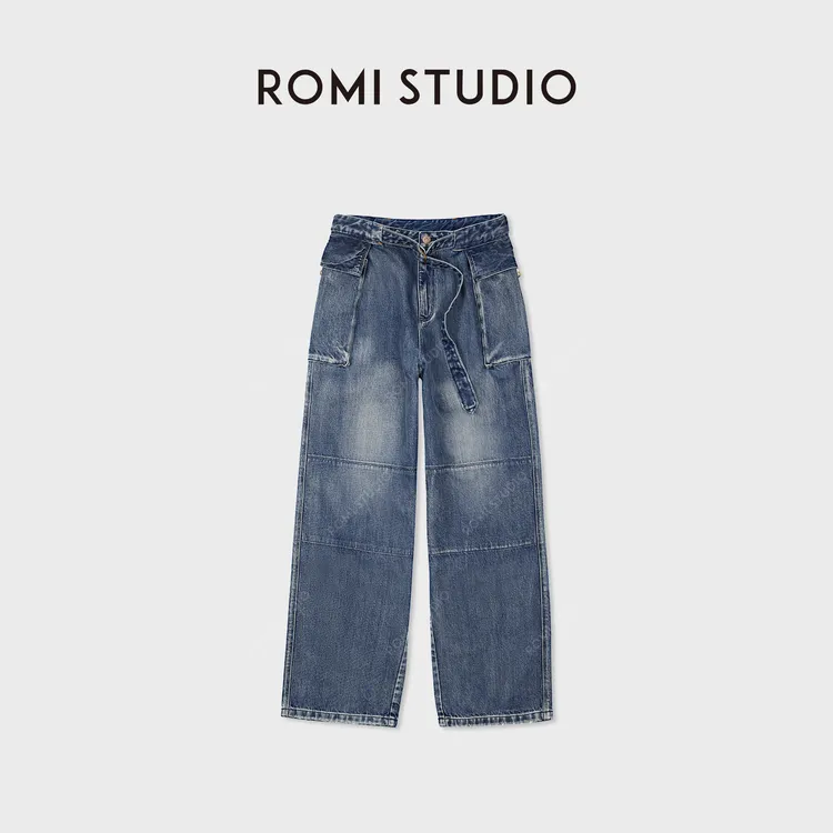 ROMI STUDIO“复古时髦”全棉松软浆染调节腰带宽牛仔裤 RWCAXU6128
