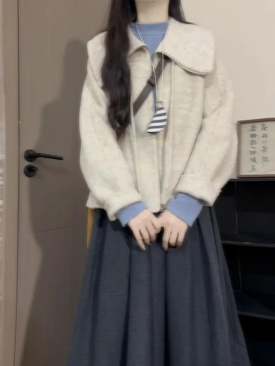 2025秋季韩系学院风娃娃领外套上衣女内搭蓝色打底衫半身裙三件套