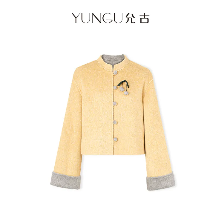 YUNGU允古【芳华】绵羊毛·骆驼绒新中式胸针樱桃外套盘扣立领双面呢
