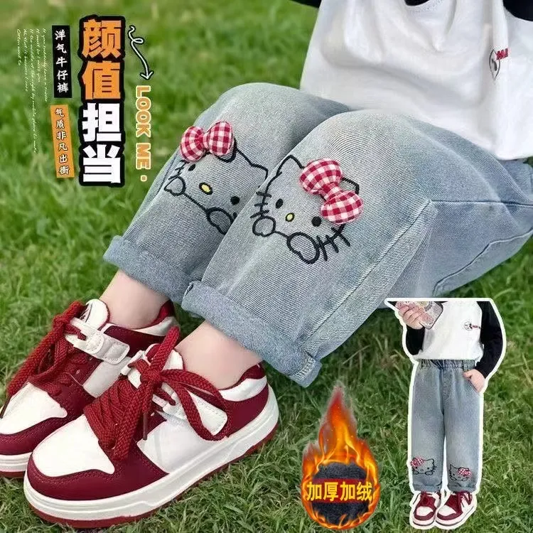 女童裤子秋冬款2025新款Kttiy猫卡通时髦宝宝洋气宽松儿童牛仔裤
