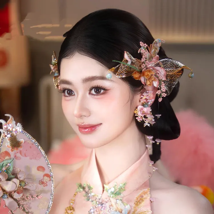 婚庆饰品 0096新款高级感小众新中式粉橙渐变琉璃新娘发饰