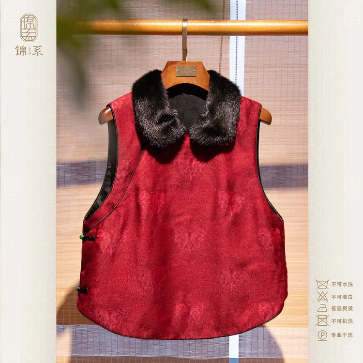 【锦系】上久楷丝毛拼鸵鸟毛可拆卸凤仙领斜襟加棉中式上衣E-383472