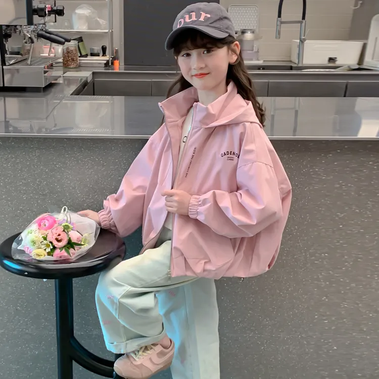 女童外套2025春秋装儿童洋气中大童夹克上衣中大童时髦连帽上衣潮