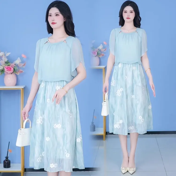 时尚雪纺连衣裙女夏季新款洋气小心机中长裙洋气拼接假两件A字裙