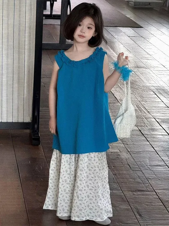 童装女童夏装套装中大童潮款高级感克莱因蓝上衣裤子洋气宝宝衣服